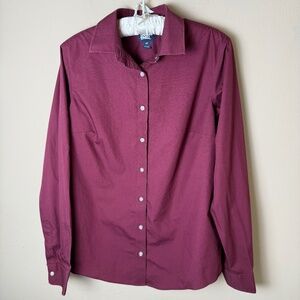 Lands End No Iron Broadcloth Button Down Shirt Womens 8 Tall Burgundy Blouse Top